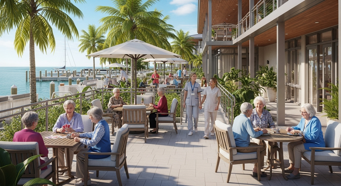 Realistic senior living facility with happy residents enjoying marina views